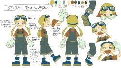  1girl artist_request blonde_hair blue_overalls blue_shoes character_name color_guide concept_art gloves goggles goggles_on_head haru_(loca!) highres loca! multiple_views o_o official_art orange_shirt overalls pants pants_rolled_up sharp_teeth shirt shoes teeth translation_request twintails white_background 