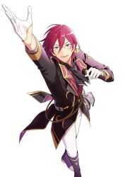  1boy absurdres arm_up blue_eyes commentary double-parted_bangs ensemble_stars! foot_out_of_frame from_above glasses gloves hair_between_eyes hand_up highres holding holding_microphone lapels long_sleeves looking_up lower_teeth_only male_focus microphone open_mouth pants pipin_(manmarusinden) red_hair saegusa_ibara simple_background solo teeth untranslatable_commentary white_background white_gloves white_pants 
