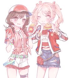  :q ;q akiyama_mizuki bag bangle baseball_cap baseball_jersey belt bow bracelet brown_eyes brown_hair burger commentary cowboy_shot denim denim_skirt dotabata_cafe_rec!!_(project_sekai) drink food frilled_shorts frilled_skirt frills gingham_bow gingham_clothes hair_bow hair_ornament hat heart heart_hair_ornament holding holding_burger holding_drink holding_food jacket jersey jewelry letterman_jacket low_twintails midriff_peek minna_de_enjoy!_spojoy_park_(project_sekai) mipi_(u3u_00) official_alternate_costume official_alternate_hairstyle one_eye_closed open_clothes open_jacket parted_bangs pink_eyes pink_hair project_sekai red_bag scrunchie shinonome_ena shirt shorts skirt striped_belt striped_clothes striped_shirt sweatband thigh_strap tied_shirt tongue tongue_out twintails untranslatable_commentary vertical-striped_clothes vertical-striped_shirt wavy_hair white_background white_shorts wrist_scrunchie x_hair_ornament 
