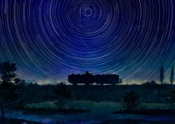  artist_request grass highres loca! long_exposure night official_art scenery sky star_(sky) star_trail starry_sky train tree 