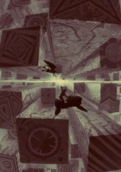  1boy 1girl absurdly_detailed_composition angel angel_wings chain commentary_request cuffs dress feathered_wings flying greyscale highres hover_bike hover_vehicle kamikairo monochrome original outstretched_hand scenery shackles vanishing_point wide_shot wings 