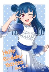  1girl :d birthday blue_background blue_hair blush border character_name commentary dated dreamy_color_(love_live!) english_text hair_bun hand_up happy_birthday long_hair long_sleeves looking_at_viewer love_live! love_live!_sunshine!! one_eye_closed pink_eyes polka_dot polka_dot_background signature single_side_bun smile solo teeth tsushima_yoshiko upper_teeth_only v vorupi white_border 
