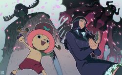  1boy 1girl absurdres antlers black_dress black_hair blue_nose dark-skinned_female dark_skin devil_fruit_power dress extra_arms hat highres horns long_nose mazaochizao nico_robin one_piece pink_hat pink_sarong reindeer reindeer_antlers reindeer_boy sarong tony_tony_chopper 