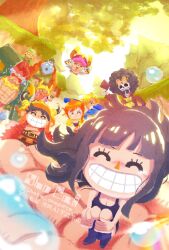 >_< 2girls 6+boys ^_^ afro black_hair blonde_hair blue_hair blue_skin blunt_bangs brook_(one_piece) cape chain chibi closed_eyes colored_skin commentary_request dress eyelashes fake_facial_hair fake_mustache franky_(one_piece) goggles green_hair happy_tears hat helmet highres holding holding_unworn_clothes holding_unworn_hat jaguar_d._saul jinbe_(one_piece) long_nose monkey_d._luffy multiple_boys multiple_girls nami_(one_piece) nico_robin one_eye_closed one_piece orange_hair outdoors roronoa_zoro sanji_(one_piece) shota_onepiece skeleton smile straw_hat_pirates sword sword_on_back tears tony_tony_chopper unworn_hat unworn_headwear usopp weapon weapon_on_back 