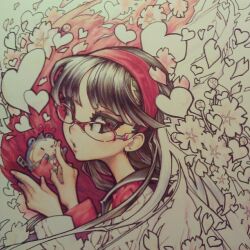  1boy 1girl amagi_yukiko barachan black_eyes black_hair black_sailor_collar eyelashes finger_to_another's_mouth glasses hairband heart kuma_(persona_4) lips long_hair looking_at_viewer mini_person open_mouth partially_colored persona persona_4 petals red-framed_eyewear red_sweater sailor_collar sweater unfinished upper_body 