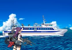  1girl absurdres badge black_skirt black_vest blue_sky clouds collared_shirt commentary_request day dress_shirt gloves grey_gloves gun hagikaze_(kancolle) highres kantai_collection mountainous_horizon one_side_up outdoors passenger_ship purple_hair rigging rising_sun_flag samusara ship shirt skirt sky smokestack solo sunburst torpedo_launcher vest water watercraft waving weapon white_shirt 
