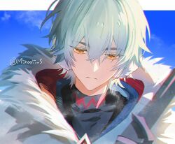  1boy alyosha_(genshin_impact) artist_name backlighting black_sweater blue_sky border closed_mouth commentary_request day earmuffs eyelashes fur-trimmed_jacket fur_trim genshin_impact green_hair hair_between_eyes half-closed_eyes hand_up holding holding_polearm holding_weapon jacket korean_commentary looking_at_viewer male_focus minarii_s outdoors outside_border polearm short_hair sky solo spear steam sweater turtleneck turtleneck_sweater weapon white_border white_jacket yellow_eyes 