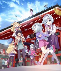  black_hair blonde_hair blush breasts commentary_request elze_silhoueska full_body hair_between_eyes hair_ornament highres isekai_wa_smartphone_to_tomo_ni. linse_shileska long_hair looking_at_viewer mochizuki_touya multiple_girls open_mouth original short_hair smile soucie_elnea_ortlinde very_long_hair 