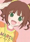  :d artist_request blush brown_hair checkered dithering flat_color green_eyes idolmaster open_mouth raglan_sleeves salute short_hair smile solo takatsuki_yayoi twintails 