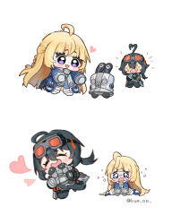  +_+ 2girls ahoge asymmetrical_gloves black_gloves black_hair black_sports_bra blonde_hair blue_jacket blush chibi chibi_only commentary crying crying_with_eyes_open gloves goggles goggles_on_head grace_howard hair_between_eyes heart highres holding hue_oo jacket long_hair mismatched_gloves multiple_girls norma_hollowell sports_bra tears twitter_username untranslatable_commentary violet_eyes white_background zenless_zone_zero 