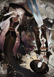  2girls absurdres bird black_dress black_hair breasts commentary dress english_commentary flower full_body gloves hair_over_one_eye hat highres jewelry long_dress long_hair long_sleeves looking_at_viewer multiple_girls original rotational_symmetry smile upside-down variant_set very_long_hair white_hair wide_sleeves witch y!_(y83_oishi) 