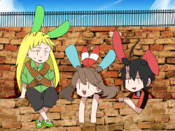  1girl 2boys alternate_color artist_request black_hair blonde_hair brendan_(pokemon) brown_hair cosplay emerald_(pokemon) may_(pokemon) minun minun_(cosplay) multiple_boys non-web_source plusle plusle_(cosplay) pokemon pokemon_adventures shiny_pokemon sitting sweatdrop 