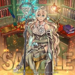  1girl ahoge anonymous_(yu-gi-oh!) bare_shoulders blonde_hair book bookshelf breasts curvy detached_sleeves duel_monster garter_straps gem genni_(yu-gi-oh!) glasses glowing green_eyes large_breasts light_bulb long_hair looking_at_viewer mage_staff official_art open_mouth quill sample_watermark scroll sitting sleeves_past_wrists solo staff table thighs watermark witchcrafter_genni yu-gi-oh! 
