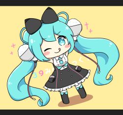  1girl 39 :q ;q black_boots black_bow black_skirt blue_eyes blue_hair blue_necktie blush_stickers boots bow bowl chibi chibi_only closed_mouth commentary_request double-parted_bangs frilled_skirt frills full_body hair_between_eyes hair_bow hatsune_miku holding holding_bowl letterboxed long_hair looking_at_viewer magical_mirai_(vocaloid) magical_mirai_miku magical_mirai_miku_(2016) necktie nukotun one_eye_closed rice rice_bowl shirt short_necktie simple_background skirt sleeveless sleeveless_shirt smile solo standing tongue tongue_out twintails v-shaped_eyebrows very_long_hair white_shirt yellow_background 