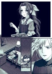  1boy 1girl aerith_gainsborough bare_shoulders boots child closed_eyes cloud_strife crayon dirty dirty_face english_text final_fantasy final_fantasy_vii final_fantasy_vii_remake frilled_sleeves frills hair_ribbon halu-ca hand_in_own_hair highres holding holding_crayon hollow_eyes lamp long_hair looking_at_another monochrome official_alternate_costume on_bed pants parted_bangs parted_lips pastels picture_frame ponytail ribbed_shirt ribbon sailor_collar shirt short_hair sidelocks sleeping sleeveless sleeveless_turtleneck spiky_hair turtleneck white_sailor_collar wooden_floor 
