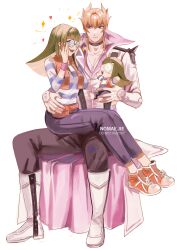  1boy 1girl absurdres arm_around_another's_waist artist_name black_choker blonde_hair blue_pants boots carly_nagisa choker coat coke-bottle_glasses commentary glasses green_hair heart highres holding holding_stuffed_toy jack_atlas long_hair nomae.jie pants shirt shoes simple_background sitting sitting_on_lap sitting_on_person smile sneakers sparkle striped_clothes striped_shirt stuffed_toy watermark white_background white_boots white_coat yu-gi-oh! yu-gi-oh!_5d's 