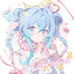  1girl apple bare_shoulders blue_eyes blue_hair border bow bowtie braid closed_mouth commission crescent cup double-parted_bangs double_bun dress drinking_glass food fruit hair_between_eyes hair_bun hair_intakes highres huolala_neiku_chaofan long_hair looking_at_viewer mihuashi_commission original outside_border pink_background pink_bow pink_bowtie round_border sleeveless sleeveless_dress smile solo star_(symbol) steepled_fingers strawberry twin_braids upper_body white_border white_dress 