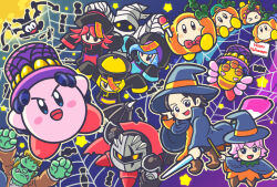 5boys 5girls adeleine assistant_waddle_dee bat_wings black_hair blonde_hair blue_eyes blue_hair blush_stickers bonkers bug camera_waddle_dee candy channel_ppp cloak commentary_request como_(kirby) copy_ability crazy_eyes dark_meta_knight fangs flamberge_(kirby) food francisca_(kirby) frankenstein's_monster_costume grey_eyes halloween halloween_costume happy_halloween hat hyness jester_cap jiangshi_costume kirby kirby_(series) kirby_star_allies marx_(kirby) marx_(true_form)_(kirby) mask microphone_waddle_dee moon multiple_boys multiple_girls mummy_costume night official_art one_eye_closed open_mouth paintbrush pink_hair red_hair reporter_waddle_dee ribbon_(kirby) scar scar_across_eye scar_on_face silhouette silk sky smile spider spider_kirby spider_web star_(symbol) violet_eyes void_face waddle_dee wand wings witch witch_hat yellow_eyes zan_partizanne 