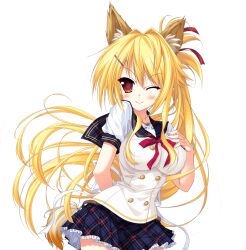  1girl amagi_karin animal_ear_fluff animal_ears back_bow blonde_hair bow buttons charm_(object) collarbone double-breasted fox_ears frilled_skirt frills game_asset hair_ribbon highres long_hair magical_marriage_lunatics!! miniskirt neck_ribbon non-web_source official_art one_eye_closed plaid_clothes plaid_sailor_collar plaid_skirt pleated_skirt ponytail red_eyes red_ribbon ribbon sailor_collar sakurasaka_tsuchiyu school_uniform serafuku shirt short_sleeves simple_background skirt tachi-e transparent_background two-tone_shirt white_shirt 