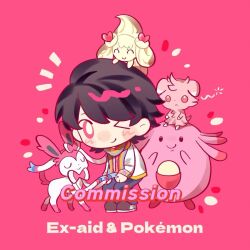  1boy 2786867956wuyu animification black_hair chansey character_request chibi closed_eyes closed_mouth commentary commission crossover english_commentary espurr highres houjou_emu kamen_rider kamen_rider_ex-aid_(series) long_sleeves looking_at_viewer male_focus multicolored_scarf notice_lines one_eye_closed pants pink_background pink_eyes pokemon pokemon_(creature) scarf short_hair simple_background standing sylveon watermark 