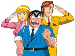  1girl 2boys akimoto_katherine_reiko anime_coloring arm_hair belt belt_buckle black_belt black_hair blonde_hair blue_jacket blue_necktie breasts brown_eyes brown_hair buckle clenched_hand collared_shirt facial_hair formal_clothes hairy hand_hair hand_on_own_hip hand_up huge_eyebrows jacket japan_national_police knuckle_hair kochikame large_breasts long_hair long_sleeves looking_at_viewer looking_to_the_side m_eyebrows mature_male multiple_boys muscular muscular_male mustache_stubble nakagawa_keiichi necktie nose official_art open_mouth pencil_skirt pink_skirt pink_suit police police_uniform policeman policewoman red_necktie ryoutsu_kankichi salute shirt short_hair short_male skirt sleeves_rolled_up smile sparse_stubble standing strongman_waist stubble suit teeth unibrow upper_body upper_teeth_only white_shirt yellow_suit 