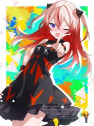  1girl black_dress blue_eyes blush boots bracelet braid commentary dress frilled_sleeves frills frown girls_revolution_project gradient_hair hair_between_eyes hair_ornament jewelry kamitsubaki_studio knee_boots layered_dress looking_at_viewer multicolored_hair one_eye_closed orihime_(girls_revolution_project) pink_hair pointing pointing_at_viewer print_dress red_hair red_streaks side_braid sleeveless sleeveless_dress standing standing_on_one_leg streaked_hair takasaka_light turtleneck turtleneck_dress two_side_up untranslatable_commentary 