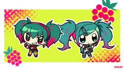  2girls aqua_eyes black_thighhighs border c: chibi chibi_only color_connection commentary_request detached_sleeves diagonal-striped_background dual_persona earrings electric_guitar elreah0 fingerless_gloves flower-shaped_pupils food fruit full_body gloves green_background green_hair green_thighhighs grin guitar hair_color_connection hairband hatsune_miku highres holding holding_instrument instrument jewelry leo/need_miku looking_at_viewer multicolored_hair multicolored_thighhighs multiple_girls outline pink_gloves pink_hairband pink_shirt pink_streaks plaid_clothes plaid_wrist_cuffs playing_instrument project_sekai purple_shoes purple_shorts raspberry raspberry_monster_(vocaloid) safety_pin_hair_ornament school_uniform shirt shoes shorts smile standing streaked_hair striped_background symbol-shaped_pupils thigh-highs twintails two-tone_background two-tone_hair two-tone_thighhighs v-shaped_eyes vocaloid white_border white_outline wrist_cuffs 