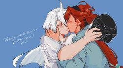  2girls black_hairband blue_background blue_shirt blush brchyura closed_eyes closed_mouth commentary english_commentary english_text gundam gundam_suisei_no_majo hairband hand_on_another's_neck helmet highres kiss kissing_cheek long_hair miorine_rembran motorcycle_helmet multiple_girls ponytail red_hair shirt simple_background suletta_mercury sweat white_hair white_shirt yuri 