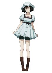  1girl black_hair black_shorts blue_dress blue_eyes blue_hat boots brown_boots closed_mouth commentary dress full_body h4sh1rnoto hat highres knee_boots looking_at_viewer puffy_short_sleeves puffy_sleeves science_adventure shiina_mayuri short_dress short_hair short_sleeves shorts shorts_under_dress simple_background smile solo standing steins;gate straight-on tachi-e white_background 