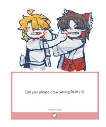  2girls alternate_costume bandaid bandaid_on_hand blonde_hair bow brown_hair cheek_pinching deformed english_text fan_request frilled_bow frilled_hair_tubes frills grin hair_bow hair_tubes hakama hakurei_reimu highres japanese_clothes kimono kirisame_marisa l_fzxxxx long_hair long_sleeves marshmallow_(site) miko missing_headwear multiple_girls mutual_cheek_pinching pinching puffy_short_sleeves puffy_sleeves red_bow red_hakama request_inset short_sleeves smile touhou white_kimono wide_sleeves 