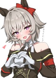  1girl animal_ears bare_shoulders black_hairband blush bow breasts coat commentary_request curren_chan_(fille_eclair)_(umamusume) curren_chan_(umamusume) dress ear_bow ear_covers gloves grey_hair hairband heart heart_hands highres horse_ears horse_girl long_sleeves looking_at_viewer medium_breasts off-shoulder_coat off-shoulder_dress off-shoulder_jacket off_shoulder open_mouth red_bow shikimiya_life short_hair smile solo striped_clothes striped_dress umamusume vertical-striped_clothes vertical-striped_dress violet_eyes white_gloves 