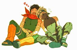  2boys absurdres bandaged_arm bandages belt blue_headband blunt_bangs bowl_cut child closed_eyes commentary_request cross_scar detached_sleeves dirty drooling exhausted green_pants green_sleeves grey_hair hair_between_eyes hatake_kakashi headband highres konohagakure_symbol korean_commentary leaning_on_person leg_warmers m0_mo_momo male_focus mask messy_hair might_guy mouth_drool mouth_mask multiple_boys naruto_(series) necktie open-toe_shoes open_mouth orange_leg_warmers pants red_belt red_necktie ribbed_leg_warmers scar shirt short_hair sitting sleeveless sleeveless_shirt spiky_hair squeans zzz 
