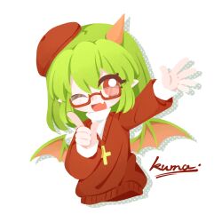  1girl artist_name beret cropped_torso cross cross_necklace demon_girl demon_wings fang funamusea green_hair haiiro_teien hat highres horns index_finger_raised jewelry kumakuma_(kumakum48893775) looking_at_viewer necklace no_lineart one_eye_closed open_mouth pointy_ears red-framed_eyewear red_eyes red_hat red_sweater semi-rimless_eyewear shirt short_hair signature single_horn skin_fang solo sweater transparent_background turtleneck turtleneck_shirt white_shirt wings yosafire_(funamusea) 