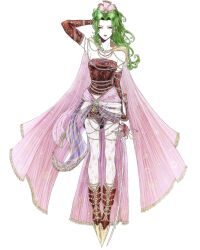  1girl boots breasts cape commentary detached_sleeves dress earrings final_fantasy final_fantasy_vi full_body gold_trim green_eyes hair_ribbon hand_in_own_hair highres holding holding_sword holding_weapon jewelry long_hair medium_breasts pantyhose parted_bangs pink_cape pink_ribbon ponytail print_pantyhose red_boots red_dress red_sleeves ribbon sash serinigalini short_dress solo strapless strapless_dress sword terra_branford tube_dress waist_sash weapon white_background 