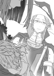  1girl 2boys aged_down baby cape carrying carrying_baby carrying_person closed_mouth commentary_request dual_persona fire_emblem fire_emblem_awakening glasses greyscale hat high_collar highres large_hat laurent_(fire_emblem) looking_at_another miriel_(fire_emblem) monochrome mother_and_child mother_and_son multiple_boys parent_and_child profile short_hair smile tsujii_luki witch_hat 