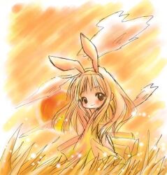  1girl 2000s_(style) animal_ears closed_mouth commentary_request cowboy_shot dress fake_animal_ears grass kanon kawasumi_mai long_hair looking_at_viewer monochrome orange_theme rabbit_ears smile solo sunset todoemon 