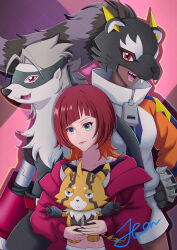  3girls :< :d absurdres animal_helmet animate_object arm_cannon bearcatmon black_helmet black_pants black_shirt blue_eyes blunt_bangs brown_hair clawed_gloves closed_mouth collarbone commentary_request cowboy_shot dark-skinned_female dark_skin digimon digimon_(creature) digimon_beatbreak evolutionary_line eye_mask fang furry furry_female gauntlets gloves green_eyes grey_hair hand_on_own_hip helmet highres holding holding_digimon hood hood_down hooded_jacket jacket jean_tey long_hair long_sleeves looking_at_viewer mask midriff multicolored_hair multicolored_jacket multiple_girls open_clothes open_jacket open_mouth orange_hair orange_sleeves pants pristimon red_eyes red_jacket sakuya_reina sentient_stuffed_toy sharp_teeth shirt short_hair short_shorts shorts sidelocks signature smile spiked_gloves standing star_(symbol) star_print stuffed_raccoon stuffed_toy teeth two-tone_hair two-tone_jacket very_long_hair watermark watermark_grid weapon white_jacket white_shorts wolvermon zipper zipper_pull_tab 