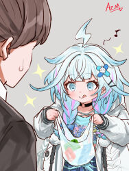  2girls :q ahoge azuma_(azmdraw) bag black_choker blue_eyes blue_hair blue_shirt blue_shorts braid brown_hair brown_shirt choker commentary_request crossed_bangs eighth_note faceless faceless_female grey_background hair_flaps hair_ornament hair_over_shoulder hairclip hands_up highres holding holding_bag hololive hololive_dev_is hood hood_down hooded_jacket jacket lightning_ahoge long_hair long_sleeves looking_at_object low_twin_braids mizumiya_su mizumiya_su_(1st_costume) multicolored_hair multiple_girls musical_note o-ring o-ring_choker parallel_hairclips pink_streaks plastic_bag pom_pom_(clothes) print_shirt raised_eyebrows shirt shorts signature simple_background sleeves_past_wrists snack solo_focus sparkle streaked_hair sweatdrop tongue tongue_out torn_clothes torn_shirt twin_braids two-tone_hair upper_body virtual_youtuber white_jacket x_hair_ornament 