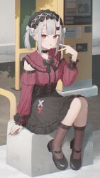  1girl :p absurdres arm_at_side black_bow black_bowtie black_collar black_hat black_shoes black_skirt black_socks bonnet bow bowtie closed_mouth collar commentary_request concrete day detached_sleeves ear_piercing earrings film_grain fingernails frilled_shirt_collar frilled_skirt frilled_sleeves frills full_body grey_hair hair_bow hand_up hat highres hololive horns jewelry jirai_kei long_sleeves looking_at_viewer mary_janes moonlightlight nail_polish nakiri_ayame outdoors piercing red_eyes red_nails red_shirt see-through_clothes see-through_socks shirt shirt_tucked_in shoes short_hair sidelocks sitting skin-covered_horns skirt sleeveless sleeveless_shirt socks solo stud_earrings tongue tongue_out twintails virtual_youtuber white_bow 