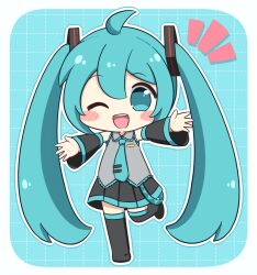  1girl :d ;d ahoge blue_background blue_eyes blue_hair blue_necktie blush_stickers border chibi chibi_only commentary_request detached_sleeves double-parted_bangs full_body grid_background hair_between_eyes hatsune_miku highres long_hair looking_at_viewer necktie nukotun one_eye_closed open_mouth outline outstretched_arms smile solo standing standing_on_one_leg tie_clip twintails very_long_hair vocaloid white_border white_outline 