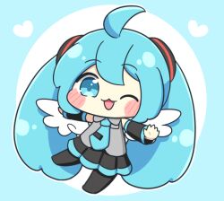  1girl :3 :d ;3 ;d ahoge blue_border blue_eyes blue_hair blue_necktie blush_stickers border chibi chibi_only commentary_request detached_sleeves double-parted_bangs full_body hair_between_eyes hatsune_miku heart long_hair looking_at_viewer necktie nukotun one_eye_closed open_mouth outline outside_border outstretched_arms round_border simple_background smile solo spread_arms standing standing_on_one_leg twintails very_long_hair vocaloid white_background white_outline wings 