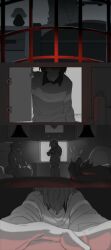  1other absurdres cage chinese_commentary commentary_request deltarune highres holding holding_knife knife kris_(deltarune) on_bed partial_commentary short_hair single_horizontal_stripe sitting susie_(deltarune) television toriel utdr_(toby_fox) yunlin_e 