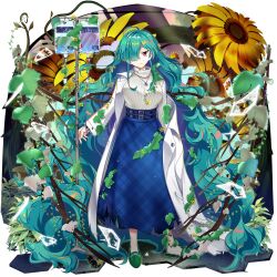 1girl absurdly_long_hair alternate_costume belt bespectacled black_belt blue_skirt breasts broken_glass coat flower full_body game_asset glass glasses green_slippers grey_sweater hair_over_one_eye highres intravenous_drip iv_stand jewelry kazami_yuuka kazami_yuuka_(cell-fused_kaiju) lab_coat large_breasts long_hair long_skirt looking_at_viewer necklace official_art open_clothes open_coat plaid_clothes plaid_skirt plant red_eyes rotte_(1109) round_eyewear simple_background skirt slippers solo sunflower sweater third-party_source touhou touhou_lostword transparent_background very_long_hair white_coat yellow_flower 