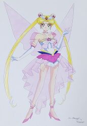  1girl ankleband bishoujo_senshi_sailor_moon bishoujo_senshi_sailor_moon_stars blonde_hair brooch closed_mouth collared_shirt commentary_request concept_art crescent crescent_facial_mark curtained_hair double_bun earrings elbow_gloves eternal_sailor_moon facial_mark forehead_mark fukano_youichi full_body gloves hair_bun hair_ornament hand_up heart heart_earrings high-low_skirt high_heels highres jewelry layered_skirt leotard long_hair looking_at_viewer magical_girl miniskirt overskirt pearl_choker pink_shoes pink_skirt pink_wings prototype_design sailor_moon see-through_clothes see-through_skirt shirt shoes signature simple_background skirt smile solo standing star_(symbol) star_brooch strapless strapless_leotard tiara traditional_media transparent_wings tsukino_usagi very_long_hair white_background white_gloves white_leotard white_skirt wings 