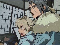  1boy 1girl aqua_haori arrivederci_st black_eyes black_hair blonde_hair blood blood_from_mouth curtained_hair fate/grand_order fate_(series) fur_shawl haori headband japanese_clothes katana kondou_isami_(fate) okita_souji_(fate) okita_souji_(koha-ace) okita_souji_(teal_haori_and_hakama)_(fate) shawl shouji sliding_doors sword weapon yellow_eyes 