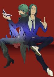  2boys amamiya_ren beard black_hair black_shoes blue_necktie closed_mouth coat collared_shirt commentary_request facial_hair formal_clothes glasses green_eyes green_hair green_rar hasegawa_zenkichi highres holding jacket joker_(persona_5) long_sleeves looking_at_viewer male_focus mask multiple_boys necktie pants persona persona_5 pointing red_background shirt shoes short_hair simple_background sitting smile stubble suit suit_jacket unworn_mask 