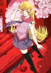  1girl black_thighhighs blonde_hair brown_shoes cherry_blossoms commentary cup dress gonza_(gonzares910) long_hair looking_at_viewer monogatari_(series) naoetsu_high_school_uniform necktie oshino_shinobu pink_shirt purple_dress sakazuki school_uniform senjougahara_hitagi shirt shoes solo standing thigh-highs vampire yellow_eyes 