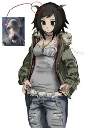  1girl absurdres animal black_eyes black_hair camisole cowboy_shot cross cross_necklace denim green_jacket grey_camisole highres jacket jeans jewelry necklace orcayne original pants personification reference_inset sea_lion sea_lion_ears sea_lion_girl short_hair simple_background solo standing torn_clothes torn_jeans torn_pants white_background 