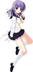  1girl atarashi_mikoto black_shoes bow buttons collarbone dot_nose double-breasted floating floating_hair from_side full_body game_asset hair_ornament hair_ribbon hand_on_own_cheek hand_on_own_face hinata_nao kneehighs loafers magical_marriage_lunatics!! medium_hair non-web_source official_art plaid_clothes plaid_sailor_collar plaid_skirt purple_hair ribbon sailor_collar shirt shoes short_sleeves simple_background skirt socks striped_clothes tachi-e transparent_background turning_head two-tone_shirt violet_eyes white_shirt white_socks 