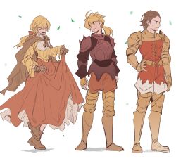  1girl 2boys alma_beoulve armor blonde_hair boots breasts brother_and_sister brown_boots brown_hair cape closed_eyes closed_mouth delita_heiral dirty dirty_face falling_leaves final_fantasy final_fantasy_tactics full_body furrowed_brow garbage_paper grey_cape hair_between_eyes hair_ribbon hand_on_own_hip highres laughing leaf looking_at_another low_ponytail medium_breasts multiple_boys open_mouth pants plate_armor ponytail ramza_beoulve red_ribbon red_skirt red_tunic ribbon shirt short_hair shoulder_armor shoulder_spikes siblings skirt smile spikes thigh_boots tunic white_background white_pants yellow_shirt 